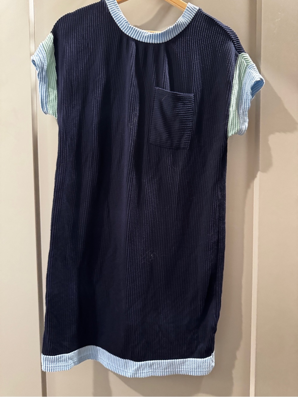 Navy Ribbed Shift Dress with Light Blue Trim